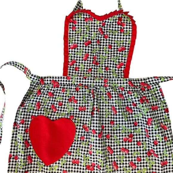 Cherry Apron Retro Black Gingham Red Heart Pocket Red Cherry Khmer Krafts Brand - Picture 2 of 9